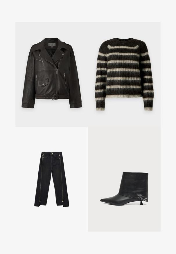 Chaqueta de biker de cuero negro con cremalleras plateadas, botones a presión y bolsillos laterales; cuenta con una cintura con cinturón y un diseño de cuello ancho.; Suéter de punto borroso marrón y beige con rayas horizontales y mangas largas sobre un fondo blanco.; Jeans de mezclilla negra con diseño de pierna recta, que cuentan con cremalleras doradas a los lados y bolsillos estándar en la cintura.; Botín negro de piel con puntera puntiaguda, tacón bajo tipo «kitten» y detalle de escritura plateada cerca del talón.