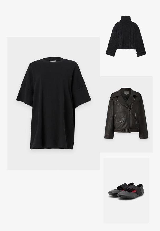 Sort læder bikerjakke med sølv lynlåse, trykknapper og sidelommer; har en bælte talje og bred krave design.; Sort strikket sweater med høj krave, afslappet pasform, kabelstrik mønster og ribbede manchetter. Har en cropped længde og struktureret overflade.; Sort oversized t-shirt lavet af bomuld, med rund halsudskæring og korte, brede ærmer, der har en glat tekstur og en afslappet pasform.; Sorte læder sko med flad sål, rundt tå og bred elastisk bånd over vristen. Indersiden har en rød foret.