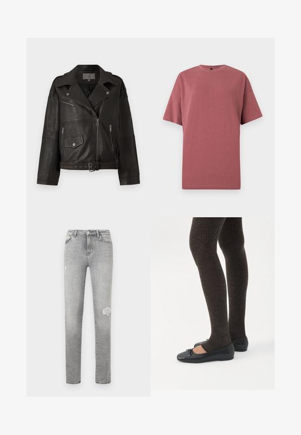 Chaqueta de biker de cuero negro con cremalleras plateadas, botones a presión y bolsillos laterales; cuenta con una cintura con cinturón y un diseño de cuello ancho.; Camiseta sencilla de manga corta y cuello redondo en color rosa apagado, mostrada sobre un fondo blanco.; Vaqueros ajustados de color gris claro con cintura alta, cierre de botón y cremallera, bolsillos frontales y sutiles desgastes en los muslos.; Piernas con leggings oscuros acanalados combinados con bailarinas negras que presentan pequeños detalles de lazo sobre un fondo blanco.