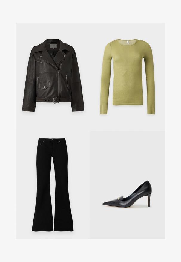 Chaqueta de biker de cuero negro con cremalleras plateadas, botones a presión y bolsillos laterales; cuenta con una cintura con cinturón y un diseño de cuello ancho.; Camisa ajustada de manga larga en verde oliva con escote redondo sobre un fondo liso y claro.; Jeans negros acampanados de denim, con un diseño clásico de cinco bolsillos, cierre de botón y detalles de costura sutiles a lo largo de las costuras.; Zapato de piel negra con punta afilada, escote bajo y un detalle decorativo dorado. Cuenta con un tacón de aguja y textura suave.