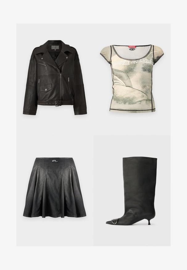Chaqueta de biker de cuero negro con cremalleras plateadas, botones a presión y bolsillos laterales; cuenta con una cintura con cinturón y un diseño de cuello ancho.; Top ajustado de manga corta para mujer con estampado abstracto en beige y gris, ribete negro y etiqueta de la marca Diesel en rojo en el escote.; Falda negra plisada con una ligera campana y costuras verticales, con un pequeño logo metálico ovalado cerca de la pretina.; Bota de cuero negra hasta el tobillo con punta afilada, tacón pequeño y detalle metálico en la punta. Textura suave y mate en toda la superficie.
