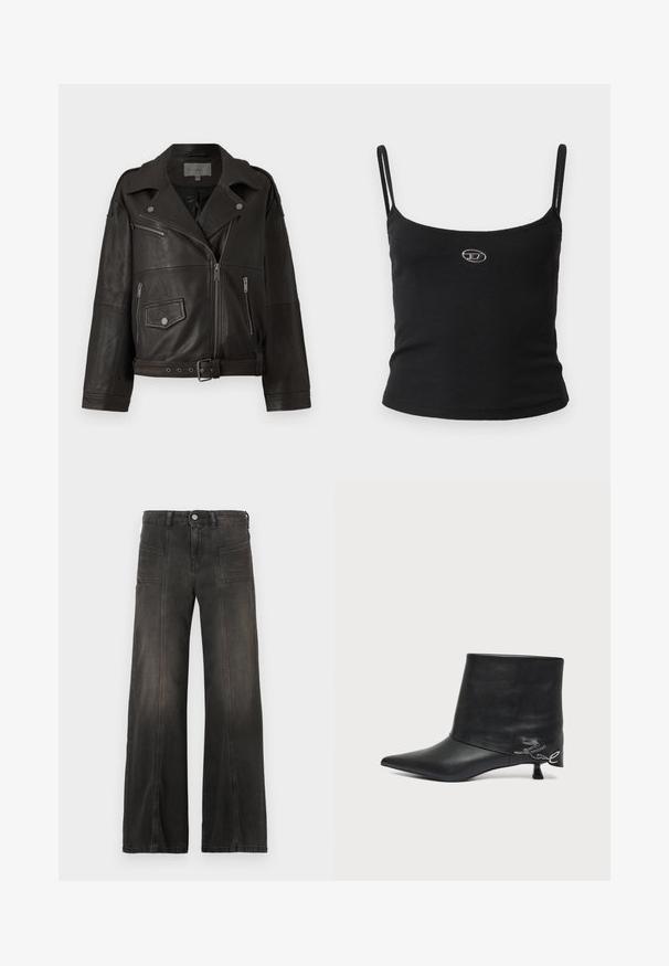 Chaqueta de biker de cuero negro con cremalleras plateadas, botones a presión y bolsillos laterales; cuenta con una cintura con cinturón y un diseño de cuello ancho.; Top tipo camisola negro con textura acanalada, tirantes finos y un pequeño logo metálico en el centro. La tela parece elástica y ajustada al cuerpo.; Pantalones vaqueros de mezclilla negra de pierna ancha con un acabado descolorido, que cuentan con dos bolsillos frontales y detalles cosidos a lo largo de las costuras. Diseño de talle alto.; Botín negro de piel con puntera puntiaguda, tacón bajo tipo «kitten» y detalle de escritura plateada cerca del talón.