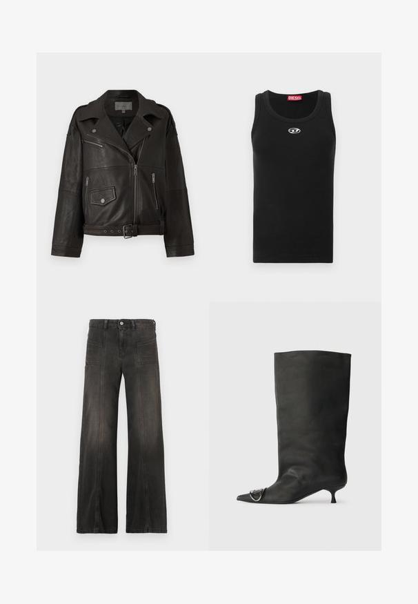 Chaqueta de biker de cuero negro con cremalleras plateadas, botones a presión y bolsillos laterales; cuenta con una cintura con cinturón y un diseño de cuello ancho.; Camiseta sin mangas negra de tela de algodón con cuello redondo, diseño sin mangas y un pequeño logo blanco en la zona del pecho.; Pantalones vaqueros de mezclilla negra de pierna ancha con un acabado descolorido, que cuentan con dos bolsillos frontales y detalles cosidos a lo largo de las costuras. Diseño de talle alto.; Bota de cuero negra hasta el tobillo con punta afilada, tacón pequeño y detalle metálico en la punta. Textura suave y mate en toda la superficie.