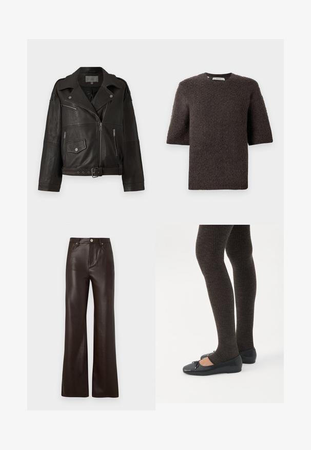 Sort læder bikerjakke med sølv lynlåse, trykknapper og sidelommer; har en bælte talje og bred krave design.; Mørkebrun strikket pullover med korte ærmer, rund halsudskæring og tekstureret stof. Enkel design, ingen synlige lukninger eller mønstre.; Vero Moda Wide-leg VMTESSA High rise - Bukser - chocolate torte; Ben iført mørke ribbede leggings kombineret med sorte balletsko med små sløjfedetaljer på hvid baggrund.