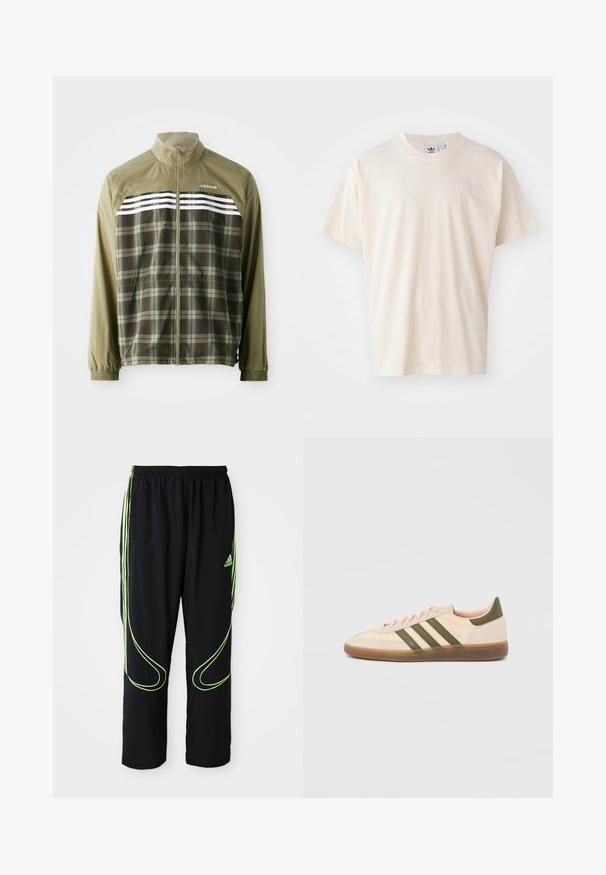 Grüner karierter Windbreaker mit Reißverschluss an der Vorderseite, elastischen Bündchen und weißen Streifen über der Brust. Polyesterstoff, leichtes Design.; Cremfarbene Baumwoll-T-Shirt mit rundem Halsauschnitt und kurzen Ärmeln; verfügt über ein kleines, helles Logo auf der Brust.; Schwarze Adidas Sportpants mit neongrünen, gebogenen Linien und drei Streifen an den Seiten, elastischem Bund und Adidas-Logo am Vorderoberschenkel.; Flacher, beigefarbener Adidas Spezial Sneaker mit grünen Streifen, Gummisohle und "SPEZIAL" Schriftzug an der Seite, von der Außenseite gezeigt.