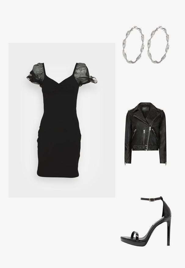 Sort lædermotorcykeljakke med asymmetrisk frontlynlås, flere lynlåslommer, brede revers og talje med bælte. Klassisk design.; Even&Odd by Zalando DRESS - Cocktailkjole / festkjole - black; Steve Madden MILANO - Højhælede sandaletter / Højhælede sandaler - black; Sølv hoop øreringe med et snoet design, der har en tekstureret overflade og en sikker lås. Letvægts og reflekterende med en glat finish.