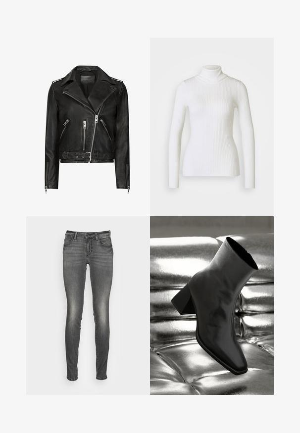 Sort lædermotorcykeljakke med asymmetrisk frontlynlås, flere lynlåslommer, brede revers og talje med bælte. Klassisk design.; Hvid ribbet turtleneck sweater med lange ærmer, der har en tætsiddende design og blød tekstur. Flad krave og sømløst udseende.; Grå denimjeans med slank pasform, der har en let falmet tekstur, forlommer og en lynlåsåbning med knaplukning.; Sorte ankelstøvler lavet af glossy materiale med firkantet tå og spidse hæle, sat mod en skinnende sølv tuftet baggrund.