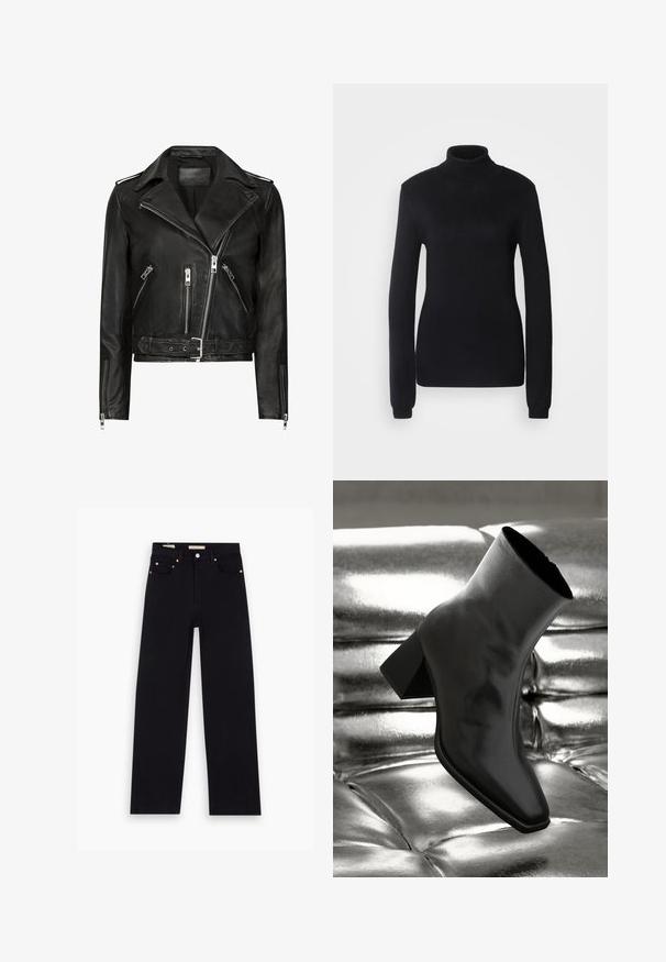 Sort lædermotorcykeljakke med asymmetrisk frontlynlås, flere lynlåslommer, brede revers og talje med bælte. Klassisk design.; Sort turtleneck sweater lavet af et blødt strikstof, med lange ærmer og en tætsiddende silhuet, der har ribbet krave og kant.; Sorte denim jeans med lige pasform, fem lommer, kobberdetaljer og en glat tekstur. To mærker synlige på taljebåndet.; Sorte ankelstøvler lavet af glossy materiale med firkantet tå og spidse hæle, sat mod en skinnende sølv tuftet baggrund.
