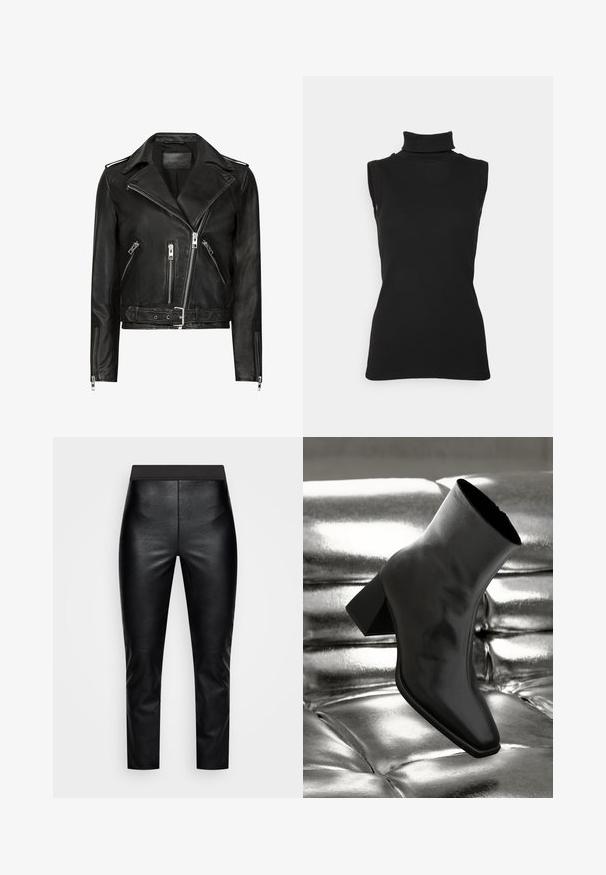 Must have nahkainel mootorratturi jope, millel on asümmeetrilised esivöödid, mitmed tõmblukkudega taskud, laiad kraed ja vööga talje. Klassikaline disain.; Must mustriga mustata turtleneck-särgid, valmistatud ribakujulisest kangast, kõrge kaelusega ja kehasse kinnitatud siluett. Sujuv tekstuur ja minimaalne disain.; Mustmustest tõmblukuga mustad faux nahast retuusid, millel on sile tekstuur, kitsenev lõige ja lai elastne vöökoht, lisaks külgedel õmbluse detailid.; Must musta narmand, läikiva materjali ja ruudukujulise varbaga ning kitseneva kontsaga, paigutatud läikiva hõbedaselt tuftitud tausta ette.