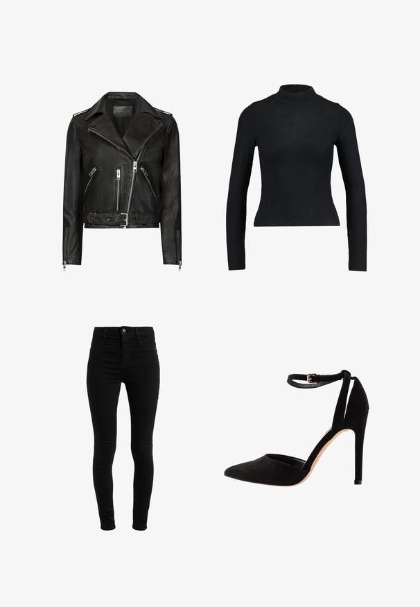 Sort lædermotorcykeljakke med asymmetrisk frontlynlås, flere lynlåslommer, brede revers og talje med bælte. Klassisk design.; Sort langærmet turtleneck top lavet af ribbet stof, med en tætsiddende design og slank silhuet. Ingen mønstre eller detaljer.; Sorte skinny jeans lavet af denim, med høj talje, fem-lomme design og knaplukning. Glat tekstur, uden synlige mønstre.; Sorte ruskind højhælede sko med spids tå, ankelrem og stiletto hæl. Designet har en glat tekstur med minimal detaljer.