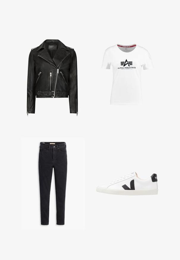 Sort lædermotorcykeljakke med asymmetrisk frontlynlås, flere lynlåslommer, brede revers og talje med bælte. Klassisk design.; Hvid bomulds t-shirt med et sort logo, der har et stiliseret "A" og vandrette linjer. Maskinsyet rund hals, korte ærmer.; Sorte denimjeans med høj talje, slank pasform og minimale syninger. Stofmet viser en let tekstur med en glat finish.; Hvide sneakers med et sort V-logo, der har en glat læderoverdel, rund tå, snørrelukning og en kontrasterende sort hælflap.