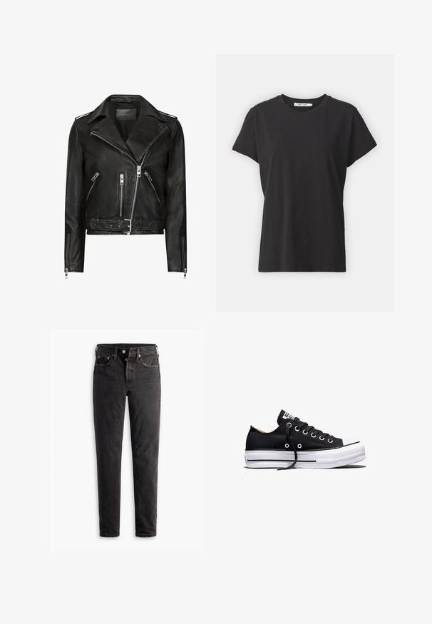 Chaqueta de motociclista de cuero negro con cremalleras frontales asimétricas, múltiples bolsillos con cremallera, solapas anchas y cintura con cinturón. Diseño clásico.; Camiseta de algodón negra con cuello redondo clásico, mangas cortas y un ajuste relajado. Textura suave, sin patrones ni acentos visibles.; Jeans de denim negro con corte recto, que cuentan con cinco bolsillos, herrajes de cobre y una textura ligeramente deslavada.; Zapatilla deportiva negra de lona de corte bajo con suela plataforma de goma blanca, cordones negros y ojales de metal sobre fondo blanco.