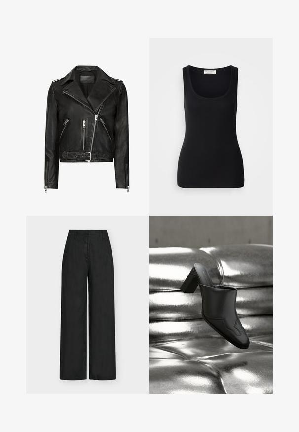 Chaqueta de motociclista de cuero negro con cremalleras frontales asimétricas, múltiples bolsillos con cremallera, solapas anchas y cintura con cinturón. Diseño clásico.; Camiseta sin mangas negra con textura acanalada, escote redondo, tirantes anchos y diseño ajustado. Etiqueta en la parte trasera que dice "Marc O'Polo."; Pantalones negros de pierna ancha con cintura alta, trabillas para cinturón, cierre frontal con botón y cremallera, mostrados sobre fondo blanco.; Mula de cuero negro con tacón ancho descansando sobre una superficie plateada brillante acolchada, destacando su diseño elegante y detalles curvados.