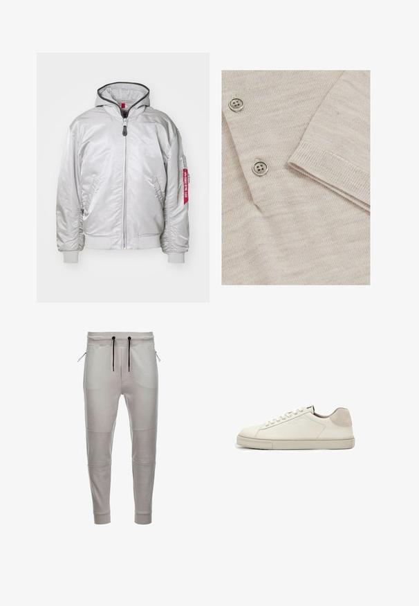 Veste bomber argentée avec une fermeture éclair à l'avant, des poignets côtelés et des poches latérales. Elle possède une capuche et une étiquette en tissu sur la manche. Texture lisse.; Cardigan beige clair avec une texture en tricot fin. Il présente trois boutons métalliques et des poignets côtelés pour une finition structurée.; Pantalons jogger gris clair en tissu doux avec une taille élastique, cordons de serrage noirs, poches latérales zippées et poignets côtelés aux chevilles.; Baskets basses en cuir blanc avec lacets blancs, semelle légèrement texturée et patch en daim gris clair au talon, vue latérale.