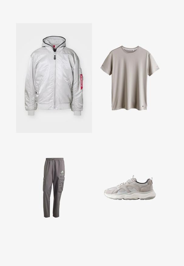 Veste bomber argentée avec une fermeture éclair à l'avant, des poignets côtelés et des poches latérales. Elle possède une capuche et une étiquette en tissu sur la manche. Texture lisse.; T-shirt beige clair à manches courtes et col rond avec un petit logo près de l'ourlet inférieur, présenté sur fond blanc.; Pantalon cargo gris en tissu léger avec une taille à cordon, doté de deux poches latérales et d'accents de logo.; Baskets de sport gris clair et blanc avec panneaux en mesh et en suède, fermeture à lacets, semelle rembourrée et languettes sur la languette et le talon.
