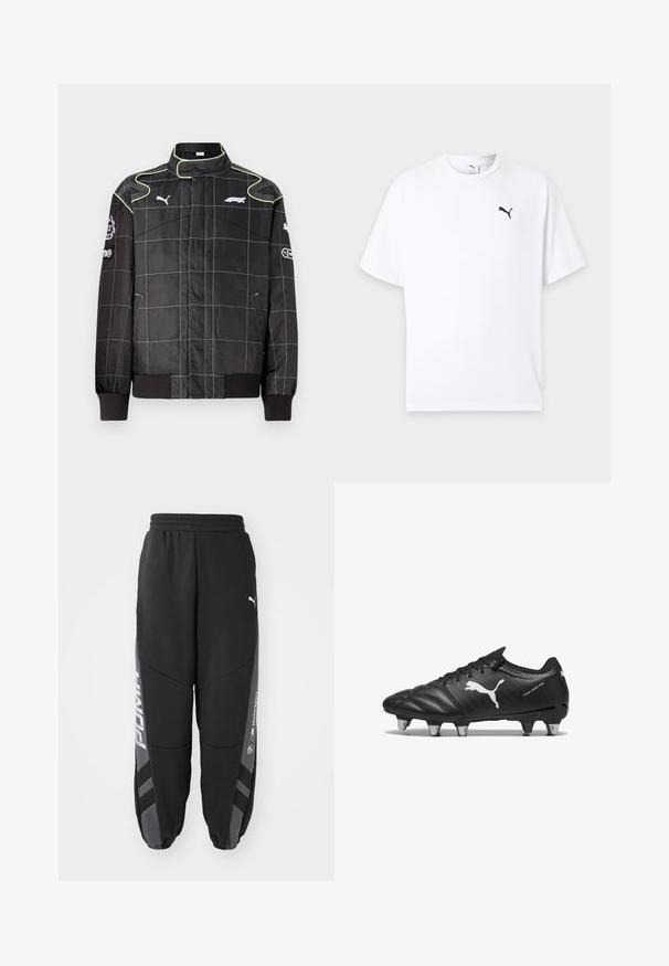 Schwarze Rennjacke mit Karomuster, ausgestattet mit grünen Nähten, hohem Kragen und gerippten Bündchen. Logos auf den Ärmeln und der Brust. Leichtes Material.; Weißes T-Shirt mit kurzen Ärmeln und Rundhalsausschnitt mit kleinem schwarzem Puma-Logo auf der linken Brust vor hellem Hintergrund.; Schwarze Jogginghosen aus weichem Material. Mit elastischem Bund, schmal zulaufenden Beinen, grauen Akzenten und weißen Logos an den Seiten.; Schwarze Fußballschuhe aus strukturiertem Material, mit weißem Puma-Logo, Schnürverschluss und Metallnägeln für besseren Halt. Das Design betont Leistung und Unterstützung.