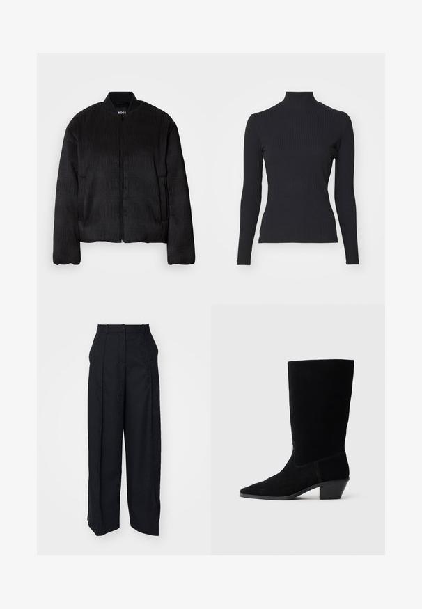 Sort bomberjakke med et tekstureret design, lynlåslukning, ribbet krave og elastiske manchetter. Har en almindelig pasform og glat stof.; Sort ribbet turtle-sweater med lange ærmer. Lavet af strækbart stof med en tætsiddende pasform og høj krave. Enkel design uden udsmykninger.; Sorte bukser med et struktureret mønster. Har en plisseret front, sidelommer og et lige ben-design. Materialet ser glat ud.; Sort ruskind ankelstøvle med spidse tæer, mellemhøj skaft og en chunky hæl. Fuldender et minimalistisk design med lidt syninger og en glat tekstur.