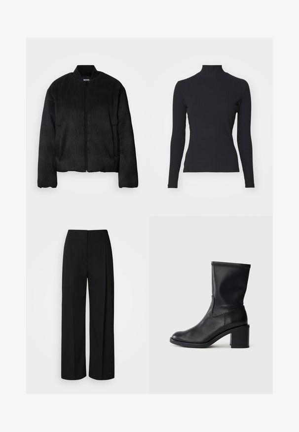 Sort bomberjakke med et tekstureret design, lynlåslukning, ribbet krave og elastiske manchetter. Har en almindelig pasform og glat stof.; Sort ribbet turtle-sweater med lange ærmer. Lavet af strækbart stof med en tætsiddende pasform og høj krave. Enkel design uden udsmykninger.; Sorte højhåndede bukser med vide ben, skjult frontlukning, tilpassede syninger og et glat, struktureret stof.; Sort læder ankelstøvle med rund tå, glat tekstur og en grov hæl, der har et tætsiddende skaft og subtil syning.