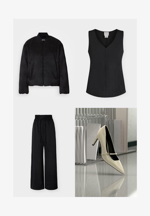 Sort bomberjakke med et tekstureret design, lynlåslukning, ribbet krave og elastiske manchetter. Har en almindelig pasform og glat stof.; Sort ærmeløs dame top med V-hals, lige kant og et Calvin Klein-mærke inde i halsudskæringen.; Sorte bukser med vide ben, høj elastisk talje og snøre, glat stof, uden synlige lommer eller mønstre.; Cremefarvet højhælet sko med en tynd rem, placeret på en reflekterende gulv nær en metalfilorganisator med papirer.