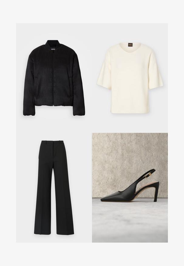 Veste bomber noire avec un design texturé, fermeture éclair, col côtelé et poignets élastiques. Présente une coupe régulière et un tissu lisse.; Pull à manches courtes couleur crème avec un col rond et une coupe ample, doté d'une petite étiquette noire avec le texte "BOSS" en orange au niveau du col.; Pantalons black à jambes larges avec un design sur mesure, présentant une texture lisse et de subtils plis à l'avant. Pas de garnitures ou de motifs visibles.; Escarpin noir en cuir, à bout pointu et bride arrière ajustable avec boucle dorée, et semelle intérieure beige.