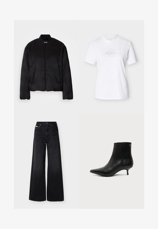 Veste bomber noire avec un design texturé, fermeture éclair, col côtelé et poignets élastiques. Présente une coupe régulière et un tissu lisse.; T-shirt en coton blanc à manches courtes, avec un logo frontal en texte gris, un col arrondi et une coupe classique.; Jean noir à jambes larges avec taille haute, fermeture avant par boutons et fermeture éclair, passants pour ceinture, et design à cinq poches.; Bottine en cuir noir avec bout pointu et petit talon kitten sur fond clair, vue côté extérieur.