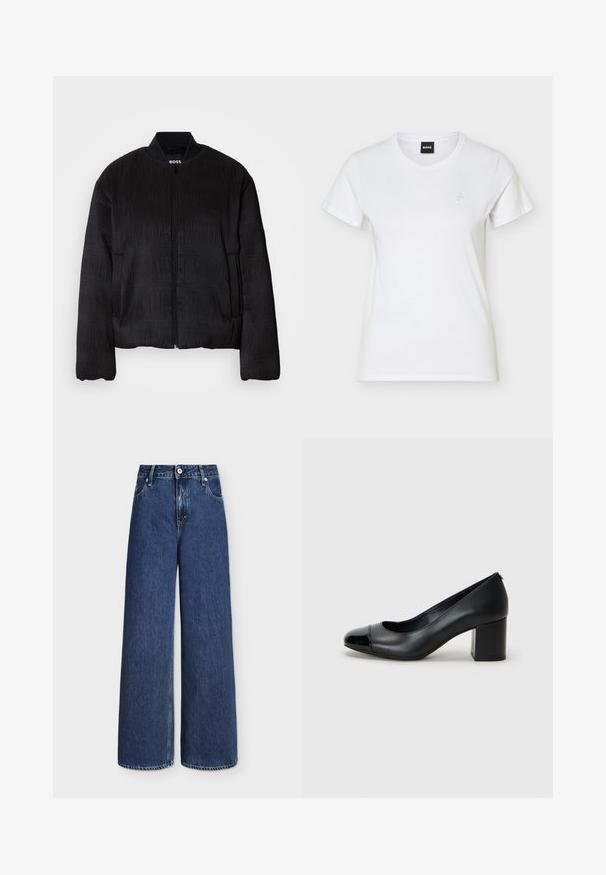 Veste bomber noire avec un design texturé, fermeture éclair, col côtelé et poignets élastiques. Présente une coupe régulière et un tissu lisse.; T-shirt blanc à manches courtes avec col rond, petit logo en relief sur le côté gauche de la poitrine et étiquette BOSS noire à l'intérieur du col.; Jean en denim bleu taille haute à jambes larges avec fermeture à bouton et à glissière devant, passants de ceinture, poches latérales et arrière.; Escarpin en cuir noir avec un capuchon de pied brillant et un talon épais. Texture lisse et design arrondi avec une ouverture subtile à l'avant.