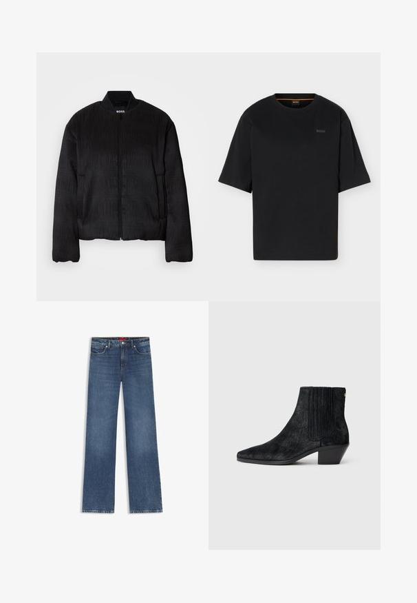 Veste bomber noire avec un design texturé, fermeture éclair, col côtelé et poignets élastiques. Présente une coupe régulière et un tissu lisse.; T-shirt noir à manches courtes avec col rond, logo BOSS subtil sur le côté gauche de la poitrine et détail orange à l'intérieur du col.; Jean en denim bleu à jambes droites avec poches avant, passants pour ceinture et fermeture par bouton.; Bottine noire à bout pointu, en matériau texturé imitant les cheveux, avec un panneau latéral à nervures et un petit talon carré. Un design simple et moderne.