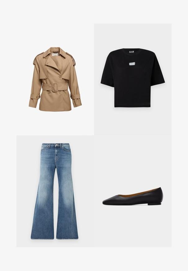 Beige trench coat, jossa on kaksirivinen malli, leveä kaulus, vyöllinen vyötärö ja hartiahihnat. Varustettu napitettuine hihoineen ja sileällä pinnalla.; Musta lyhythihainen lyhyt T-paita, jossa on pieni harmaa ja valkoinen EA7 Emporio Armani -logo rinnassa ja kaula-aukossa sisäpuolella.; Siniset korkeavyötäröiset leveälahkeiset farkut, joissa haalistunut etupuoli, viiden taskun muotoilu, vyölenkit ja nappisuljenta valkoisella taustalla.; Musta nahkainen, kärjestä terävä tasainen kenkä, jossa on matala kanta ja sileä pinta, kuvattuna sivulta vaaleanharmaalla taustalla.