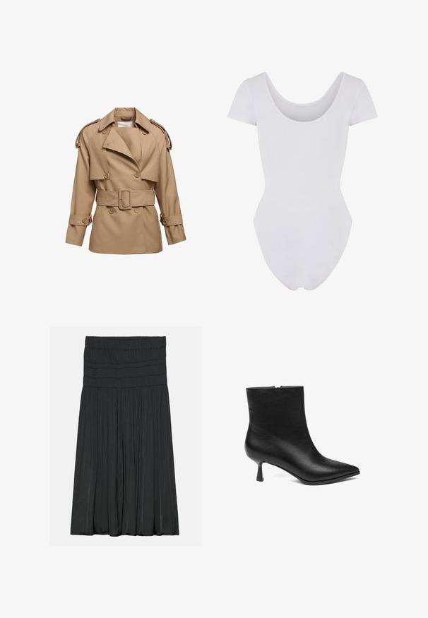 Beige trench coat, jossa on kaksirivinen malli, leveä kaulus, vyöllinen vyötärö ja hartiahihnat. Varustettu napitettuine hihoineen ja sileällä pinnalla.; Valkoinen lyhythihainen body, jossa on pyöreä kaula-aukko, valmistettu pehmeästä ja joustavasta kankaasta. Suunnittelussa on tiukasti istuva siluetti ja saumaton rakenne.; Mustahdud mustahdjud mustaqarimak, kilang-berkilang, dengan pinggang yang regangan dan perincian terkumpul, panjang sampai lutut.; Musta nahkasaapas nilkkamallia, jossa on terävä kärki ja kapeneva korko. Sileä pinta ja lyhyt vetoketjusuljenta takana.