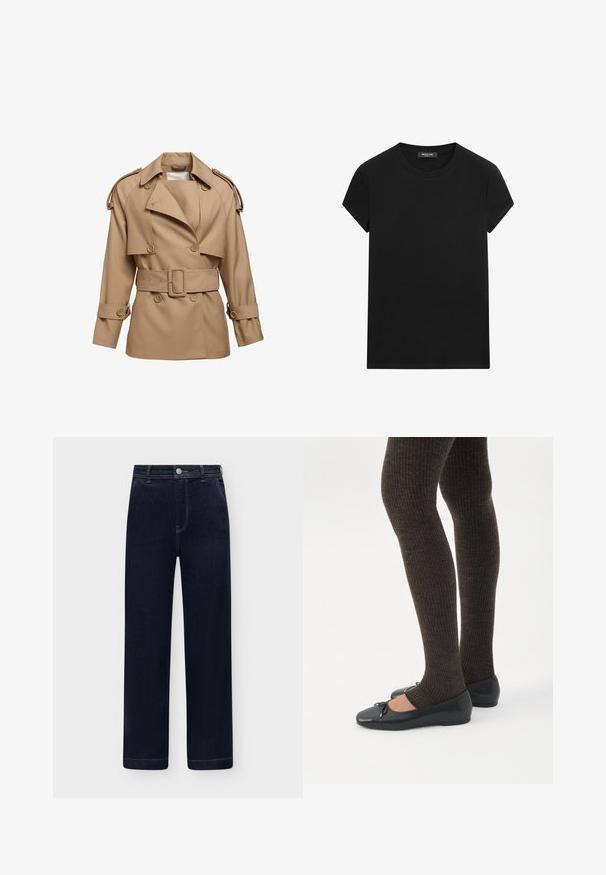 Beige trenchcoat med dobbeltknap-design, bred krave, bæltestrop i taljen og skulderstropper. Har knaplukning ved håndleddene og en glat tekstur.; Sort T-shirt med korte ærmer og rund hals med synligt mærke i halsudskæringen, centralt placeret på en hvid baggrund.; Mørkeblå denimjeans med høj talje, lige ben, forlommer, knaplukning og bæltestropper på en lys baggrund.; Ben iført mørke ribbede leggings kombineret med sorte balletsko med små sløjfedetaljer på hvid baggrund.