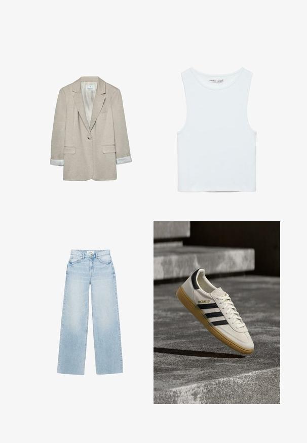 Blazer beige en tissu léger, avec une fermeture à un bouton, des revers découpés et des détails rayés sur les poignets. Deux poches avant incluses.; Crop top blanc sans manches avec col rond, en tissu lisse, étiqueté Pull&Bear, adapté pour un usage décontracté.; Jean large à lavage clair en denim. Caractérisé par une taille haute, cinq poches et une fermeture éclair avec bouton. Texture légèrement usée.; Baskets Adidas Spezial blanches avec des rayures noires et une semelle en gomme flottant au-dessus de marches en pierre grises à l'extérieur.