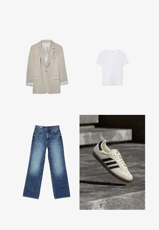 Blazer beige en tissu léger, avec une fermeture à un bouton, des revers découpés et des détails rayés sur les poignets. Deux poches avant incluses.; T-shirt blanc à manches courtes en tissu doux. Dispose d'un col rond et d'un design simple et épuré avec un ourlet droit.; Jean en denim bleu avec un effet délavé sur les cuisses, coupe droite à jambes larges, fermeture avant avec bouton, fermeture éclair, et style cinq poches.; Baskets blanches Adidas Samba avec des bandes noires et une semelle en gomme, flottant au-dessus de marches en béton gris texturé.