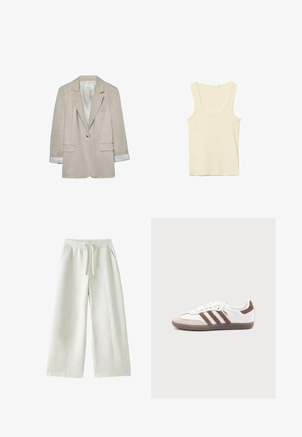 Blazer beige en tissu léger, avec une fermeture à un bouton, des revers découpés et des détails rayés sur les poignets. Deux poches avant incluses.; Débardeur sans manches couleur crème avec encolure dégagée et coutures simples, présenté sur un fond blanc.; Pantalon blanc à jambes larges avec taille élastique, cordon de serrage à l'avant, poches latérales, et détails de coutures visibles sur un fond uni.; Baskets Adidas Samba blanches avec des bandes en daim marron, semelle en caoutchouc marron et bout en daim beige, vues du côté extérieur sur un fond uni.