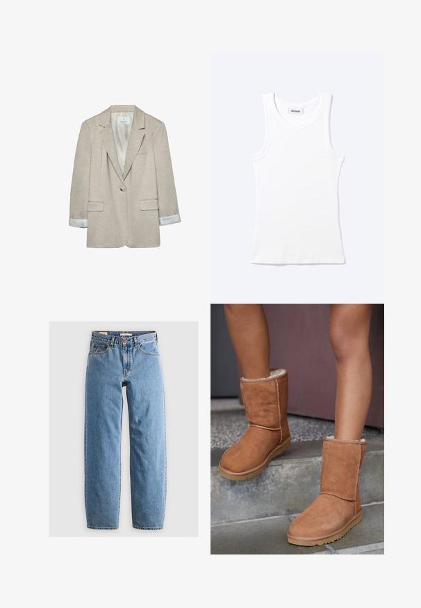 Blazer beige en tissu léger, avec une fermeture à un bouton, des revers découpés et des détails rayés sur les poignets. Deux poches avant incluses.; Débardeur blanc côtelé sans manches avec encolure ronde et une petite étiquette indiquant "WEEKDAY" à l'intérieur du col.; Jean en denim bleu clair avec une coupe droite, cinq poches, une fermeture éclair et une texture légèrement délavée. Style classique avec peu de matériel.; Bottines en suede marron, à bout rond, avec une doublure douce et une semelle en caoutchouc, présentant des détails de couture visibles le long des coutures.