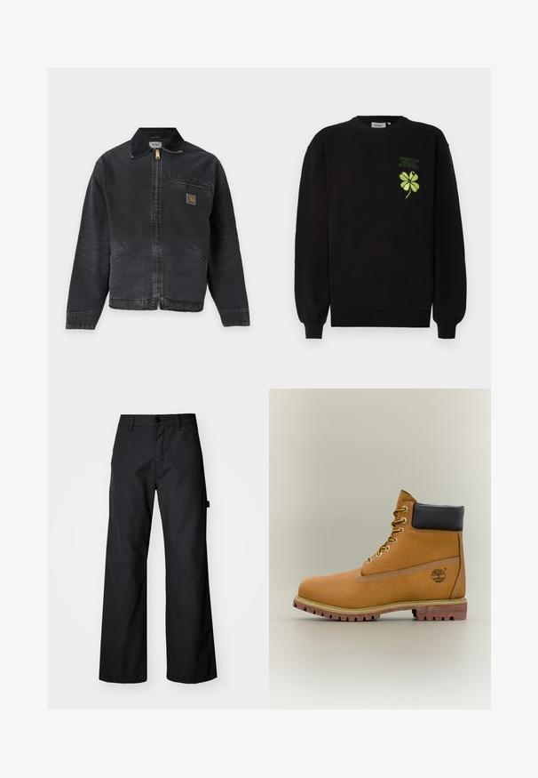 Veste de travail noire avec fermeture éclair, petit patch logo sur la poche poitrine et deux poches avant, avec un col plié.; Sweat-shirt noir en tissu doux, avec un trèfle à quatre feuilles vert brodé et un texte sur la poitrine. Poignets et ourlet côtelés.; Pantalons larges noirs en tissu durable. Fermeture à bouton et poches latérales. Texture lisse avec un design épuré.; Bottine en cuir marron avec col noir, lacets jaunes et semelle beige. Présente un logo et des détails de couture blanche. Semelle extérieure à traction robuste.