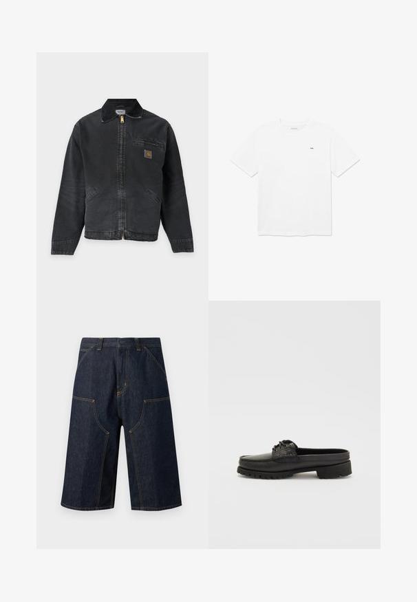 Veste de travail noire avec fermeture éclair, petit patch logo sur la poche poitrine et deux poches avant, avec un col plié.; T-shirt en coton blanc avec col rond et manches courtes. Présente un petit logo noir sur la poitrine. Design épuré et minimaliste.; Short en jean bleu foncé longueur genou avec surpiqûres orange, poches avant, passants de ceinture et fermeture par bouton.; Chaussure noire en cuir à enfiler avec des détails en lacet, bout rond et semelle texturée. Elle présente un talon légèrement surélevé et une finition lisse.