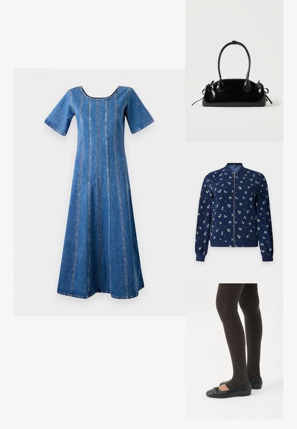 Marineblå bomberjakke med blomstermønster i lyseblå og grøn, med lynlås foran, ribbede manchetter og nederkant for et tætsiddende look.; Object Midi Denim - Hverdagskjole - medium blue denim; Ben iført mørke ribbede leggings kombineret med sorte balletsko med små sløjfedetaljer på hvid baggrund.; Lille sort blank håndtaske med to lange håndtag og snøre-detaljer i siden på en ensfarvet lys baggrund.