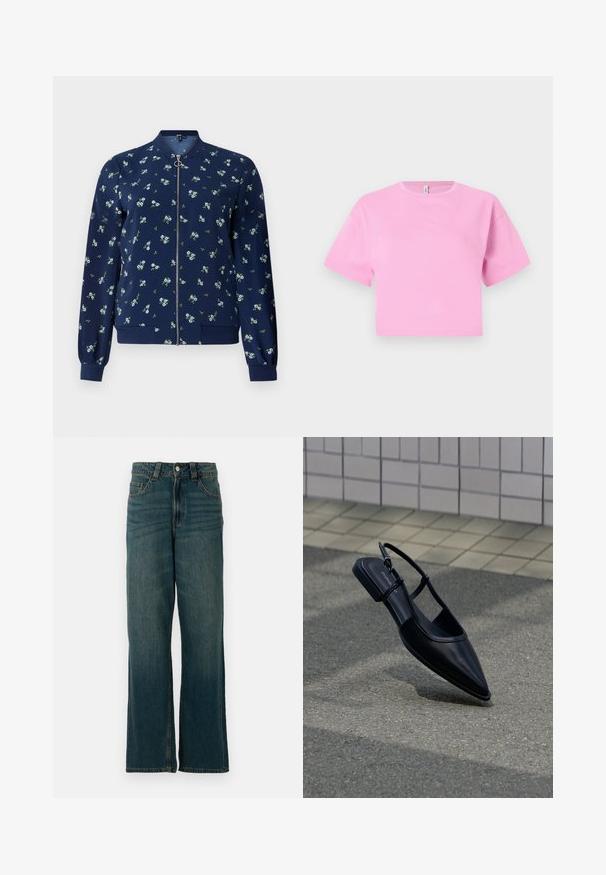 Ναυτικό bomber τζάκετ με floral σχέδιο σε ανοιχτό μπλε και πράσινο, με μπροστινό φερμουάρ, ραμμένα μανίκια και στρίφωμα για εφαρμοστό look.; Κοντό ροζ cropped t-shirt από απαλό βαμβακερό υλικό, με στρογγυλή λαιμόκοψη και κοντά μανίκια. Απλός σχεδιασμός, χωρίς μοτίβα ή διακοσμητικά.; Γαλάζια τζιν παντελόνια με ίσια πόδια, πέντε τσέπες και κλείσιμο με κουμπί, τοποθετημένα σε λευκό φόντο.; Μαύρο μυτερό μπαλαρίνα παπούτσι με λουρί πίσω, αιωρείται πάνω από μια επιφάνεια από άσφαλτο δίπλα σε πλακόστρωτο πεζοδρόμιο.