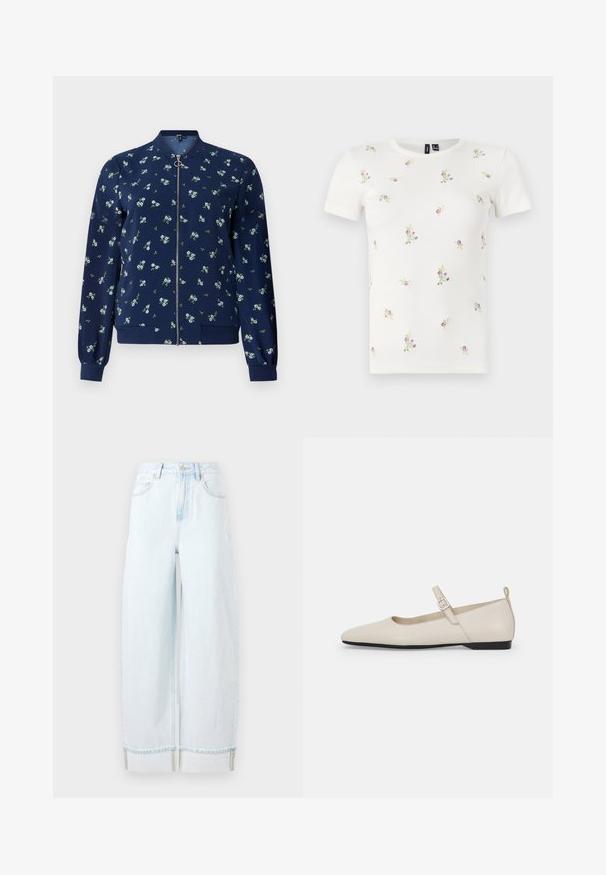 Marineblå bomberjakke med blomstermønster i lyseblå og grøn, med lynlås foran, ribbede manchetter og nederkant for et tætsiddende look.; Hvid bomulds t-shirt med korte ærmer, med en ribbet tekstur og spredt blomsterbroderi i pink og grøn over hele.; Lyseblå vidde jeans lavet af denim, med høj talje, forlommer og en rullet kant med synlige syninger.; Hvide ballerinasko i læder med spids tå, ankelsnor og lav sort hæl. Glat tekstur med minimale detaljer.
