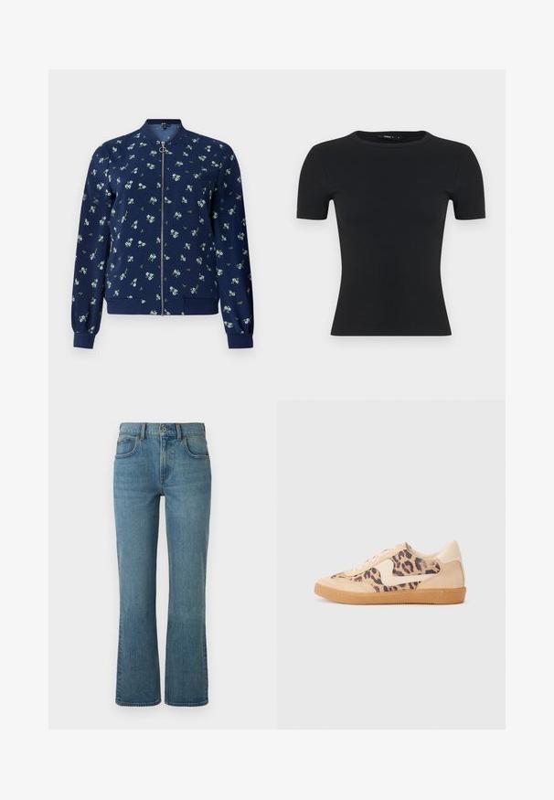 Marineblå bomberjakke med blomstermønster i lyseblå og grøn, med lynlås foran, ribbede manchetter og nederkant for et tætsiddende look.; Sort, ribbet t-shirt med korte ærmer, rund halsudskæring, tætsiddende design, lavet af tekstureret stof med en glat finish og uden synlige detaljer.; Lysblå flagrende jeans lavet af denim, med fem lommer, en frontknaplukning og subtil fading for tekstur.; Leopardprint sneakers med beige ruskindsoverdel, tan gummisål og hvide detaljer. Rund pegefinger og snørebåndsdesign med en tekstureret finish.