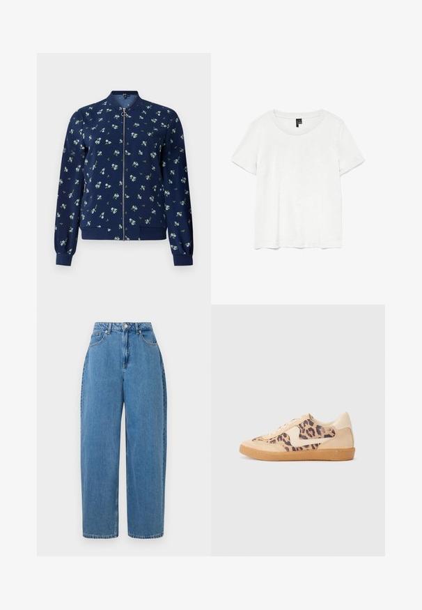 Marineblå bomberjakke med blomstermønster i lyseblå og grøn, med lynlås foran, ribbede manchetter og nederkant for et tætsiddende look.; Hvid kortærmet t-shirt med rund halsudskæring, lavet af letvægtsstof. Enkel design, glat tekstur og lige kant.; Lyseblå denimbukser med lige ben, høj talje og lukning med frontknap. Har fem lommer og minimale syninger.; Leopardprint sneakers med beige ruskindsoverdel, tan gummisål og hvide detaljer. Rund pegefinger og snørebåndsdesign med en tekstureret finish.