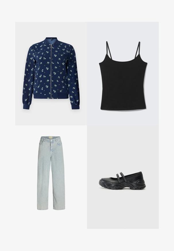 Chaqueta bomber de color azul marino con un patrón floral en azul claro y verde, con cremallera frontal, puños de canalé y dobladillo para un ajuste ceñido.; Top corto negro sin mangas con tirantes delgados y escote recto sobre fondo gris claro.; Jeans de denim azul claro de pierna ancha con cintura alta, bolsillos frontales y cierre de botón. La tela tiene una apariencia suave y ligeramente texturada.; Bailarinas de charol negro con dos correas ajustables, puntera redonda y suela de goma texturizada para mayor agarre.