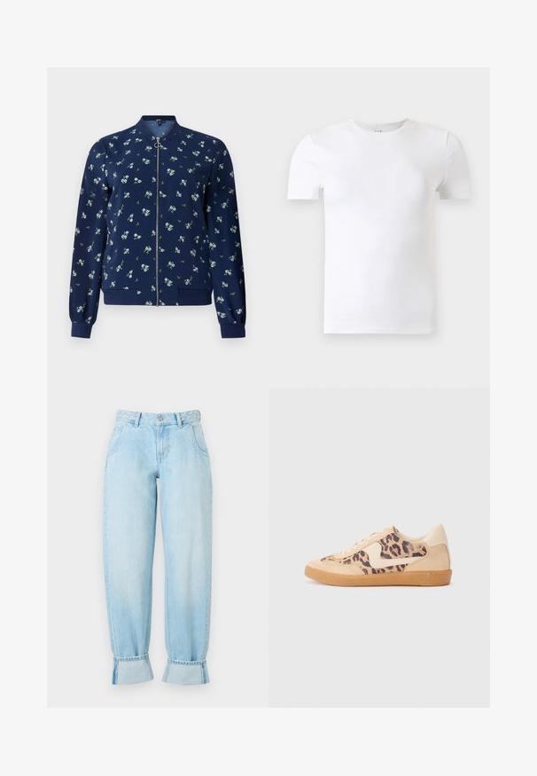Marineblå bomberjakke med blomstermønster i lyseblå og grøn, med lynlås foran, ribbede manchetter og nederkant for et tætsiddende look.; Hvid kortærmet T-shirt med rund hals vist mod en lysegrå baggrund.; Lyseblå denim jeans med høj talje, flettet taljebånd, løs pasform og oprollede manchetter ved kanten. Har forlommer.; Leopardprint sneakers med beige ruskindsoverdel, tan gummisål og hvide detaljer. Rund pegefinger og snørebåndsdesign med en tekstureret finish.