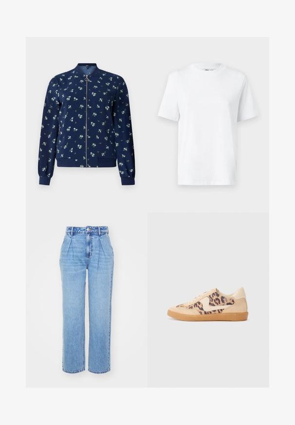 Marineblå bomberjakke med blomstermønster i lyseblå og grøn, med lynlås foran, ribbede manchetter og nederkant for et tætsiddende look.; Hvid bomulds T-shirt med rund hals, kortærmet og en glat tekstur. Designet med en afslappet pasform for komfort og alsidighed.; Lyseblå denimjeans med høj talje, brede ben og frontfolder. Har typisk syning og en knaplukning i taljen.; Leopardprint sneakers med beige ruskindsoverdel, tan gummisål og hvide detaljer. Rund pegefinger og snørebåndsdesign med en tekstureret finish.
