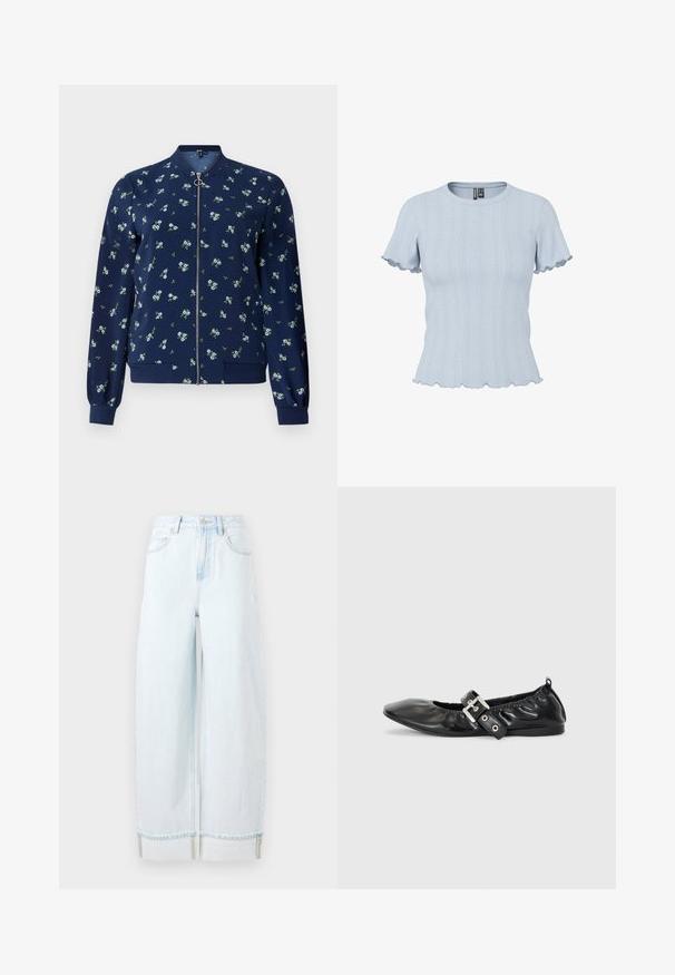 Marineblå bomberjakke med blomstermønster i lyseblå og grøn, med lynlås foran, ribbede manchetter og nederkant for et tætsiddende look.; Lyseblå strikbluse med korte ærmer, ribstrikkede og blonde-lignende mønstre, rund halsudskæring og flæsekant på ærmer og bund.; Lyseblå vidde jeans lavet af denim, med høj talje, forlommer og en rullet kant med synlige syninger.; Sorte læder flade sko med spids tå, samling detaljer omkring åbningen, og en sølv spænde accent på den justerbare rem.
