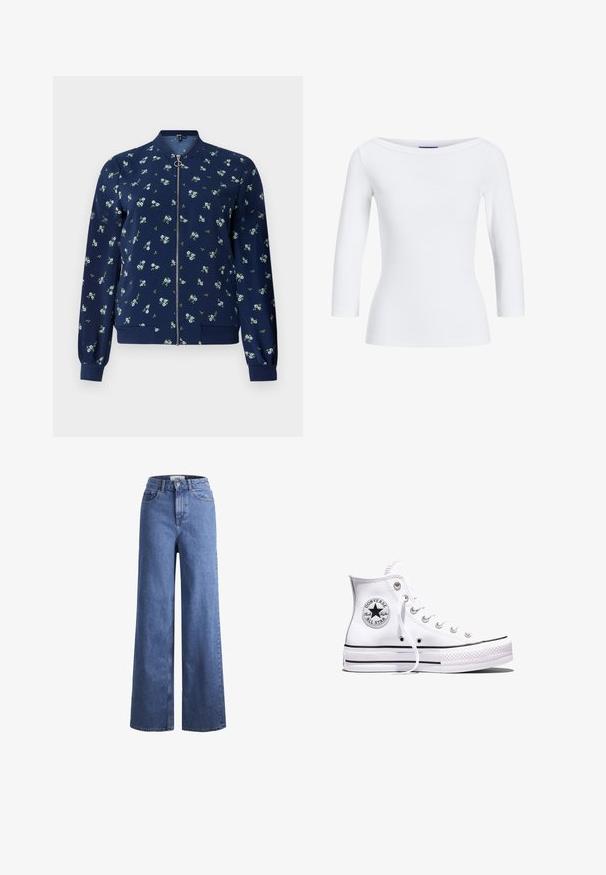 Marineblå bomberjakke med blomstermønster i lyseblå og grøn, med lynlås foran, ribbede manchetter og nederkant for et tætsiddende look.; Hvid, ribbet langærmet top med bådudskæring. Stoffet er glat, tætsiddende og har en ren afslutning ved manchetterne og kanten.; Lyseblå denim brede bukser med høj talje, to frontlommer og synlige stikninger. Har en knap- og lynlåslukning.; Hvid Converse Chuck Taylor All Star højt snøresko med sorte striber og logoemblem på siden, vist mod en ensfarvet hvid baggrund.