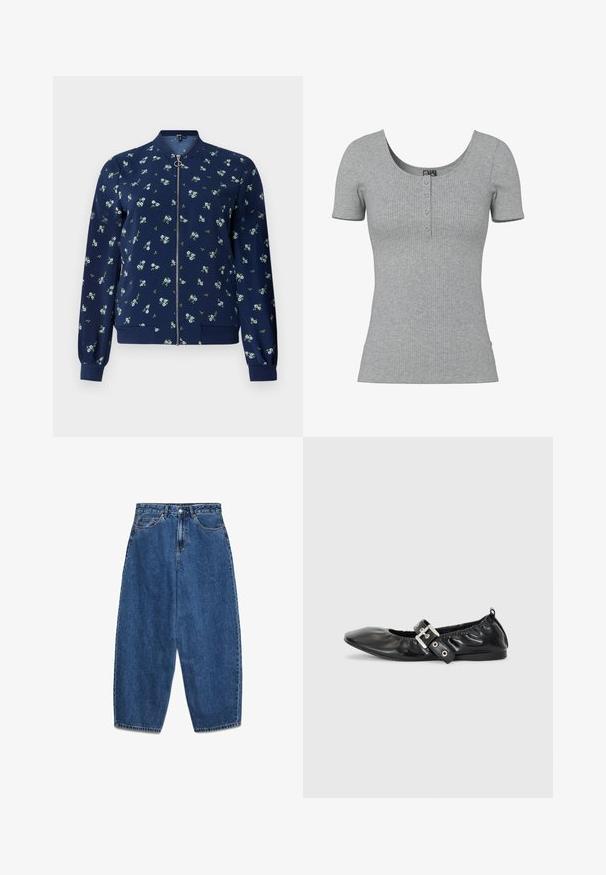 Marineblå bomberjakke med blomstermønster i lyseblå og grøn, med lynlås foran, ribbede manchetter og nederkant for et tætsiddende look.; Grå ribbet kortærmet top med en rund Halsudskæring og fire små knapper ned foran midt på.; Blå denimjeans med høj talje, afslappet pasform og lige ben. Klassisk design med fem lommer, lynlås og knaplukning.; Sorte læder flade sko med spids tå, samling detaljer omkring åbningen, og en sølv spænde accent på den justerbare rem.