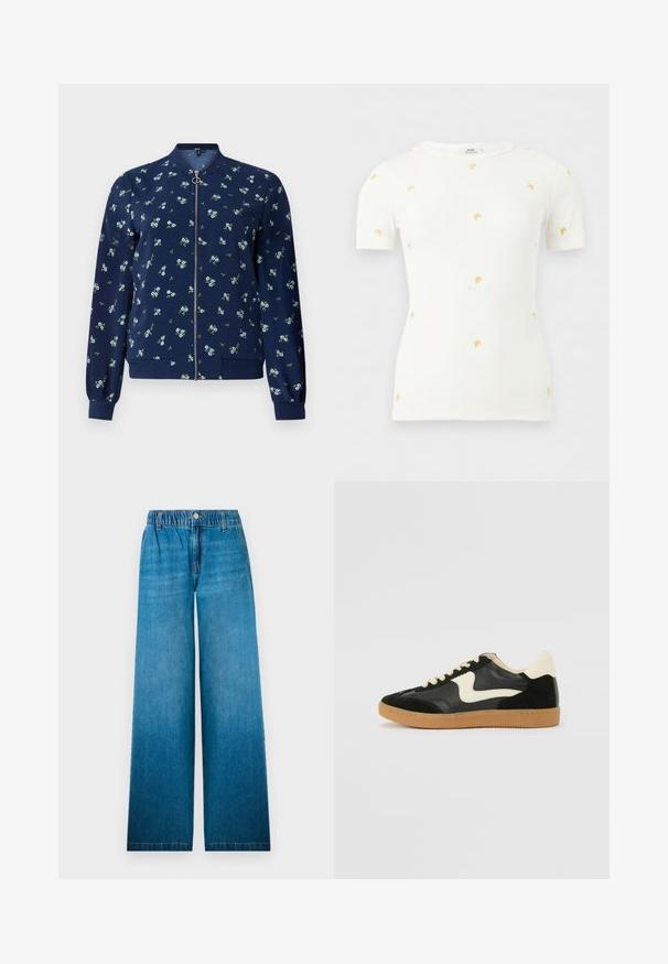Marineblå bomberjakke med blomstermønster i lyseblå og grøn, med lynlås foran, ribbede manchetter og nederkant for et tætsiddende look.; Hvid kortærmet ribstrikket top med små orange gulerodsbroderier spredt over fronten og ærmerne.; Bredbåndede jeans i lys blå denim, med en elastisk talje, en knaplukning og et lige snitdesign med en falmet effekt.; Sorte ruskinds- og lædersneakers med en cremefarvet side-swoosh og lys cremefarvet hæl. Har beige snørebånd og en gummirubber-sål.