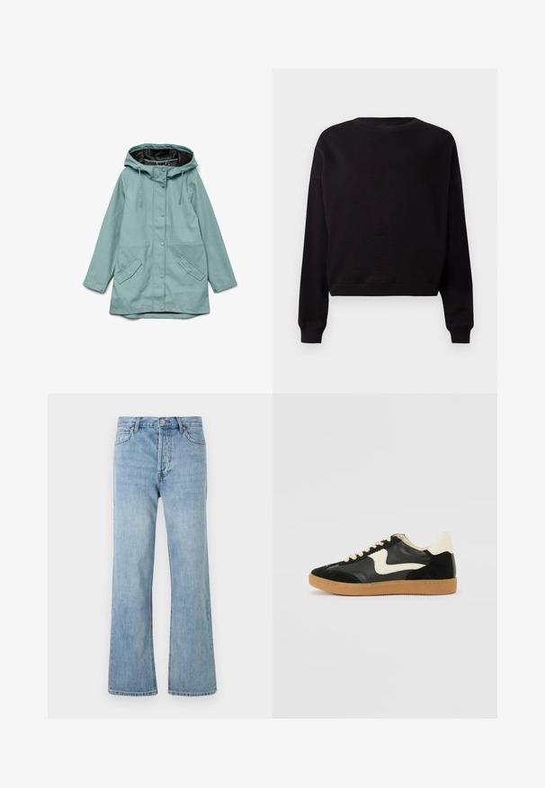 Lyseblå hættejakke med skjulte trykknapper foran, justerbare snore og to skrå klaplommer.; Sort sweatshirt med rund halsudskæring, lange ærmer og en cropped nederste kant. Fremstillet af blødt stof med en glat tekstur og ingen synlige mønstre.; Lyseblå højtaljede denimjeans med knaplukning, for- og baglommer samt lige ben på en hvid baggrund.; Sorte ruskinds- og lædersneakers med en cremefarvet side-swoosh og lys cremefarvet hæl. Har beige snørebånd og en gummirubber-sål.