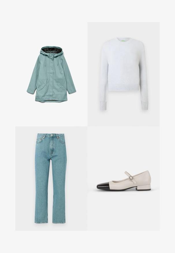 Imperméable bleu clair à capuche avec boutons-pression à l'avant, cordons ajustables et deux poches à rabat obliques.; Pull court blanc avec manches longues, col rond et poignets côtelés. Présente une texture légèrement scintillante et des accents argentés éparpillés.; Jeans bleu clair taille haute avec une coupe droite. Fabriqués en denim, comportent des poches frontales et une fermeture à bouton.; Chaussure de style Mary Jane en cuir crème avec un bout en vernis noir. Présente un bout rond, une sangle de cheville avec une boucle carrée et un petit talon carré.